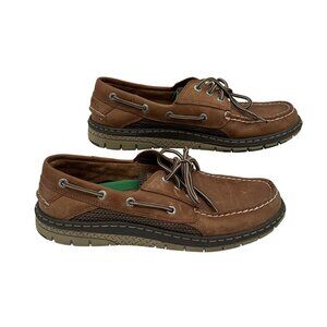 Sperry Mens Size 7 Brown Leather Boat Shoes With Non-Slip Green Sole